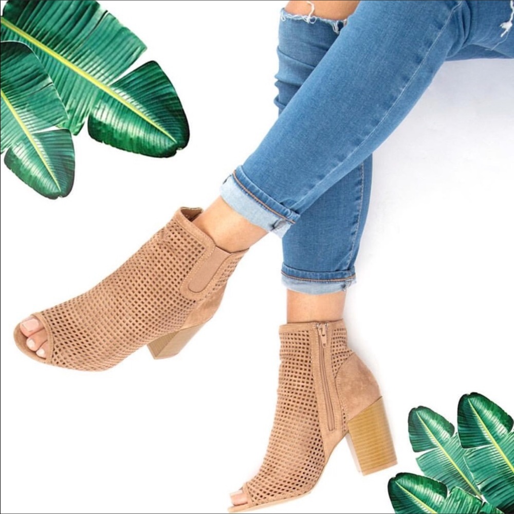 WILA Tan Peep-Toe Ankle Booties